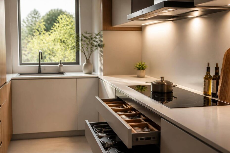 Cozinha compacta com cooktop embutido e bancada de quartzo iluminada por luz natural