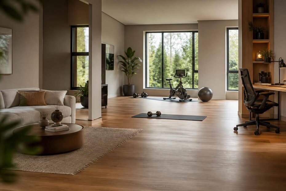Ambiente interno aberto e multifuncional que integra escritório, área de ginástica e espaço de relaxamento com iluminação natural