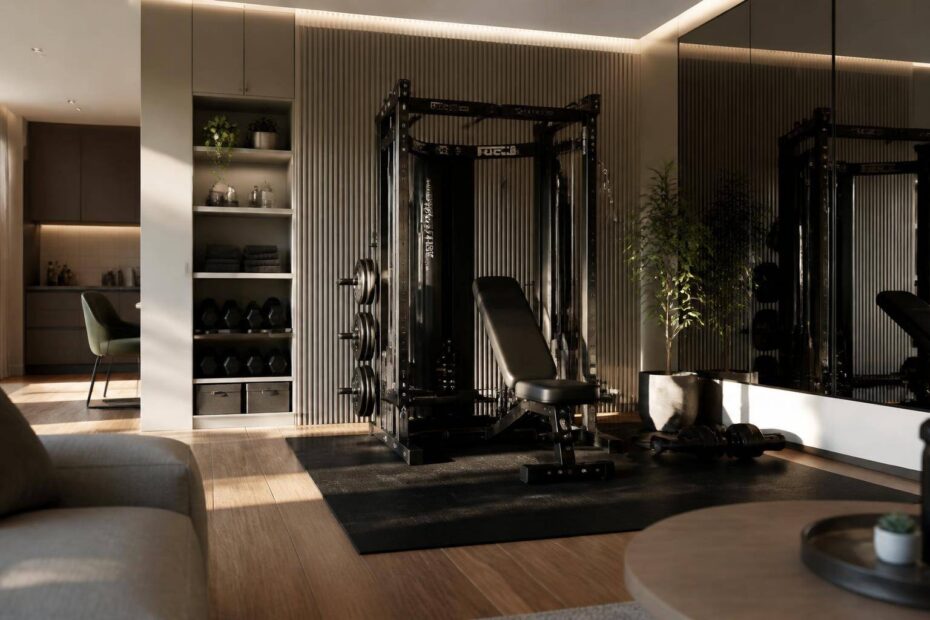 Espaço fitness compacto integrado à decoração da sala com estação de musculação e mobiliário multifuncional.