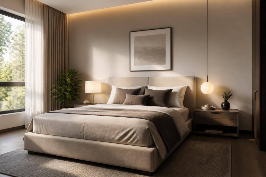 Quarto moderno com cama de casal, iluminação em camadas e circulação ampla