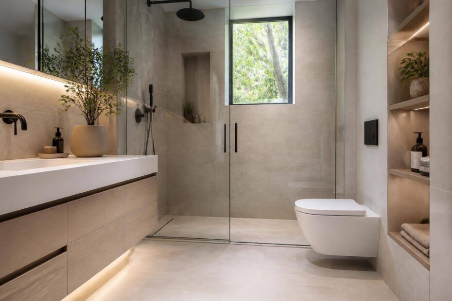Pequeno banheiro contemporâneo com bancada suspensa, prateleiras embutidas e iluminação natural.