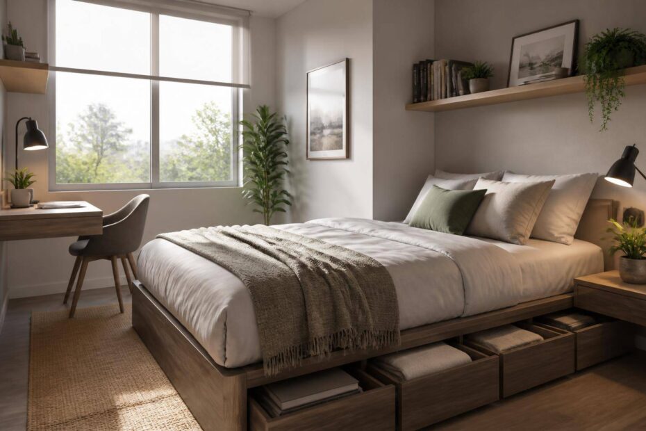 Quarto compacto e moderno com cama box de armazenamento, prateleiras suspensas e iluminação natural